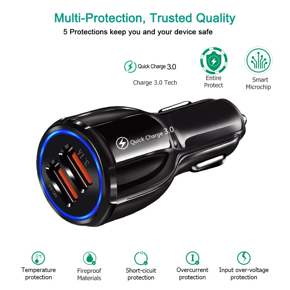Phone Charger Adapter Phone Charger Car Charger Car Phone Charger 30W Car Charger Quick Charge Cigarette Lighter Adapter 2-Port USB A Fast Charging for iPhone Xiaomi Samsung Huawei