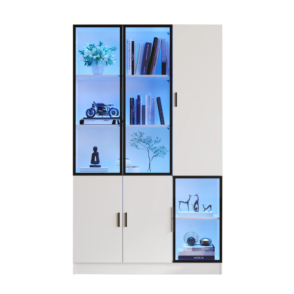 200 cm hoher Vitrinenschrank, mit LED-Beleuchtung, Multi-Storage-Bücherregal, Wohnzimmerschrank mit Glastür und Aluminiumrahmen – Detail 16