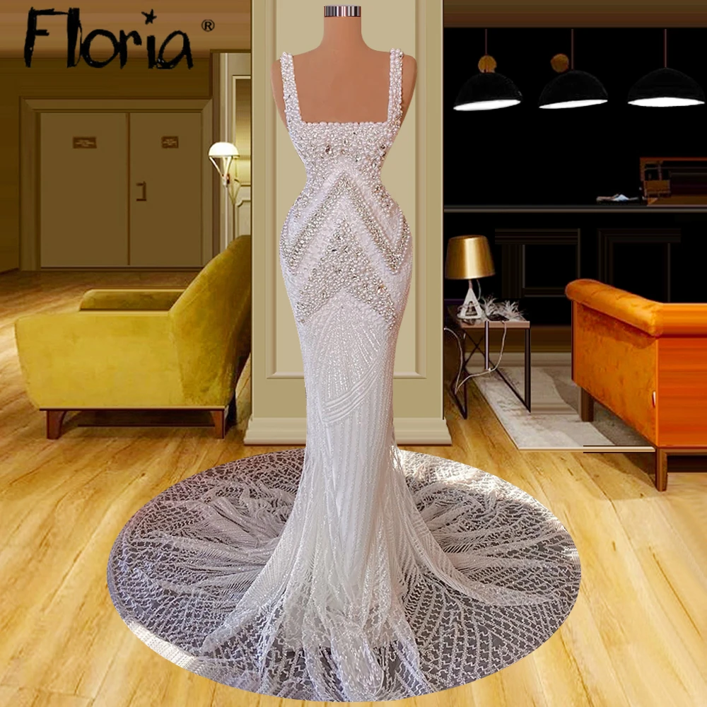 

Newest Wedding Dress Mermaid Pearls Lace Square Collar Neckline 2023 Chapel Train Plus Size Bride Gown Vestidos De Novia