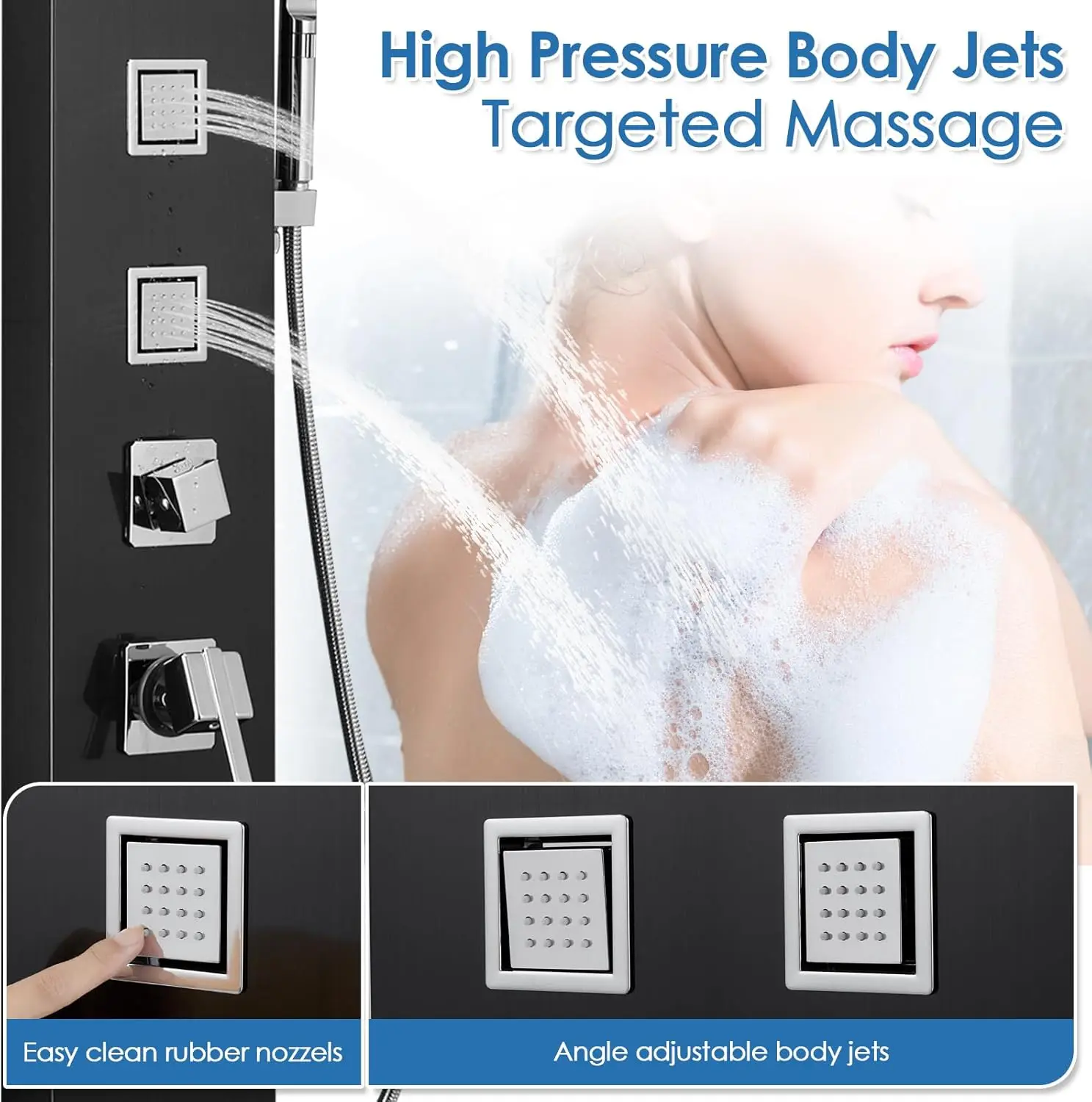 Shower Panel Tower System with LED Lights - No Battery Needed Shower Column with Rainfall Waterfall Shower Body Jets Handheld 5