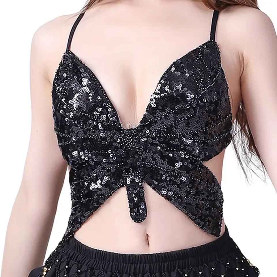 thumbnail image 2 of Silver Bra JUMISEE Women Sparkly Rhinestone Butterfly Crop Top Sexy Satin V Neck Bakless Lace Up Cami Tank Top For Rave Festival At Women's Clothing Store Silver Rhinestone Bra 2 of 10