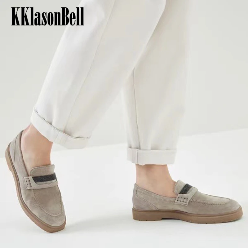 

1.18 BC KKlasonBell Cow Suede Bead Chains Loafers Women Genuine Leather Comfortable Casual Shoes