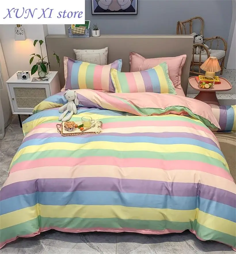 

New Rainbow Bedding Set Chic Printed Bedlinens Comforter Fashion Duvet Cover Pillowcase Flat Sheet for Boys Girls All Seasons