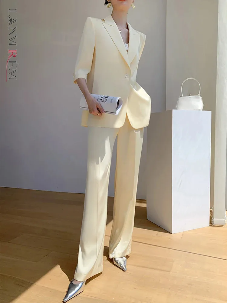 

[LANMREM] Elegant Suits 2 Piece Set Women Single Button Three Sleeve Blazers High Waist Straight Pants 2024 Summer New 26D9180
