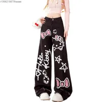 Sanrio Hello Kitty Bow Cartoon Graffiti Printed Fashion Jeans Women's Autumn Winter New Loose Wide Leg Pants Straight Trousers 2
