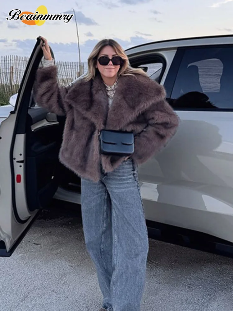 Brown Big Lapel Faux Fur Fury Women's Coats Fluffy Long Sleeved Thick Warm Fury Jackets 2024 Winter Lady Casual Street Outwear 4
