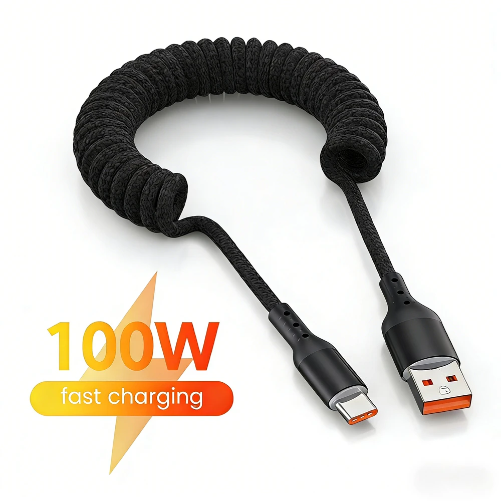 High-Speed 100W USB Type C Spring Car Charger Cable for Fast Charging and Data Transfer