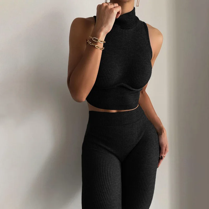 fashion ribbed tracksuit women turtleneck sleeveless crop top+leggings matching set stretchy knitting fitness casual outfits