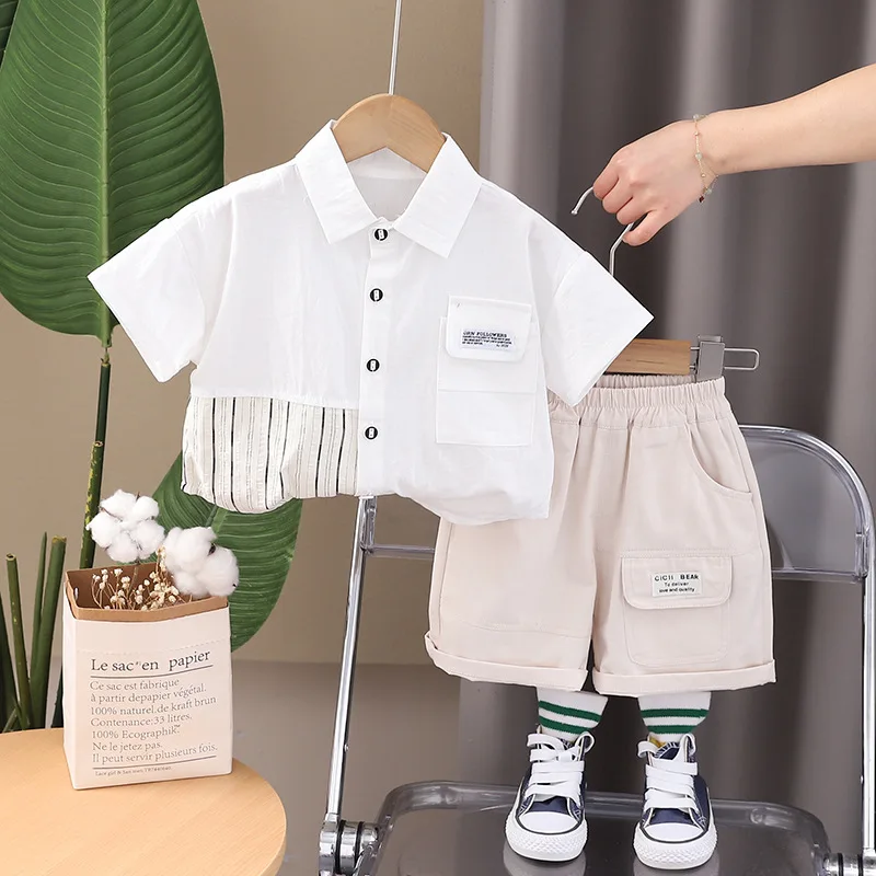 

Toddler Boy Summer Clothing Sets 2024 Fashion Casual Block Vertical Short Sleeve Shirts and Shorts Two Piece Set Kids Boys Suits