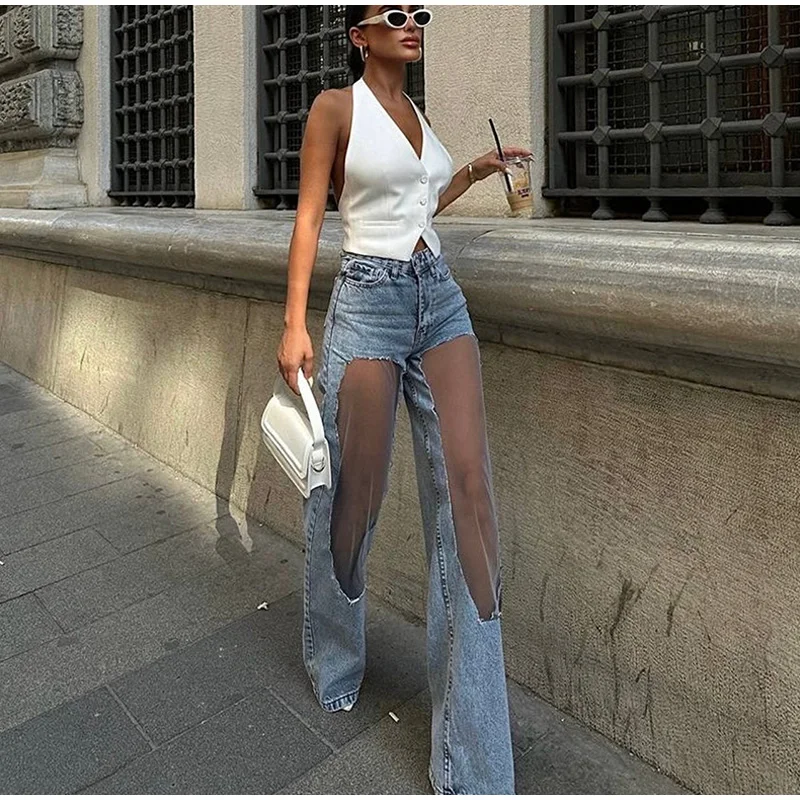 2025 Designer Women's Jeans Pant Blue Denim with Sheer Mesh Knee Panels Hip Hop Style Distressed High Waist Streetwear Trousers 1