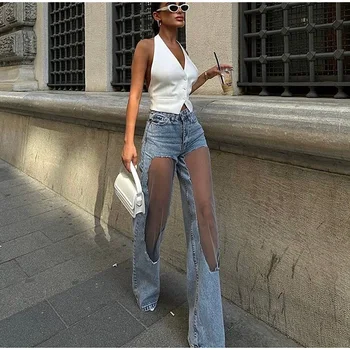 2025 Designer Women's Jeans Pant Blue Denim with Sheer Mesh Knee Panels Hip Hop Style Distressed High Waist Streetwear Trousers 1