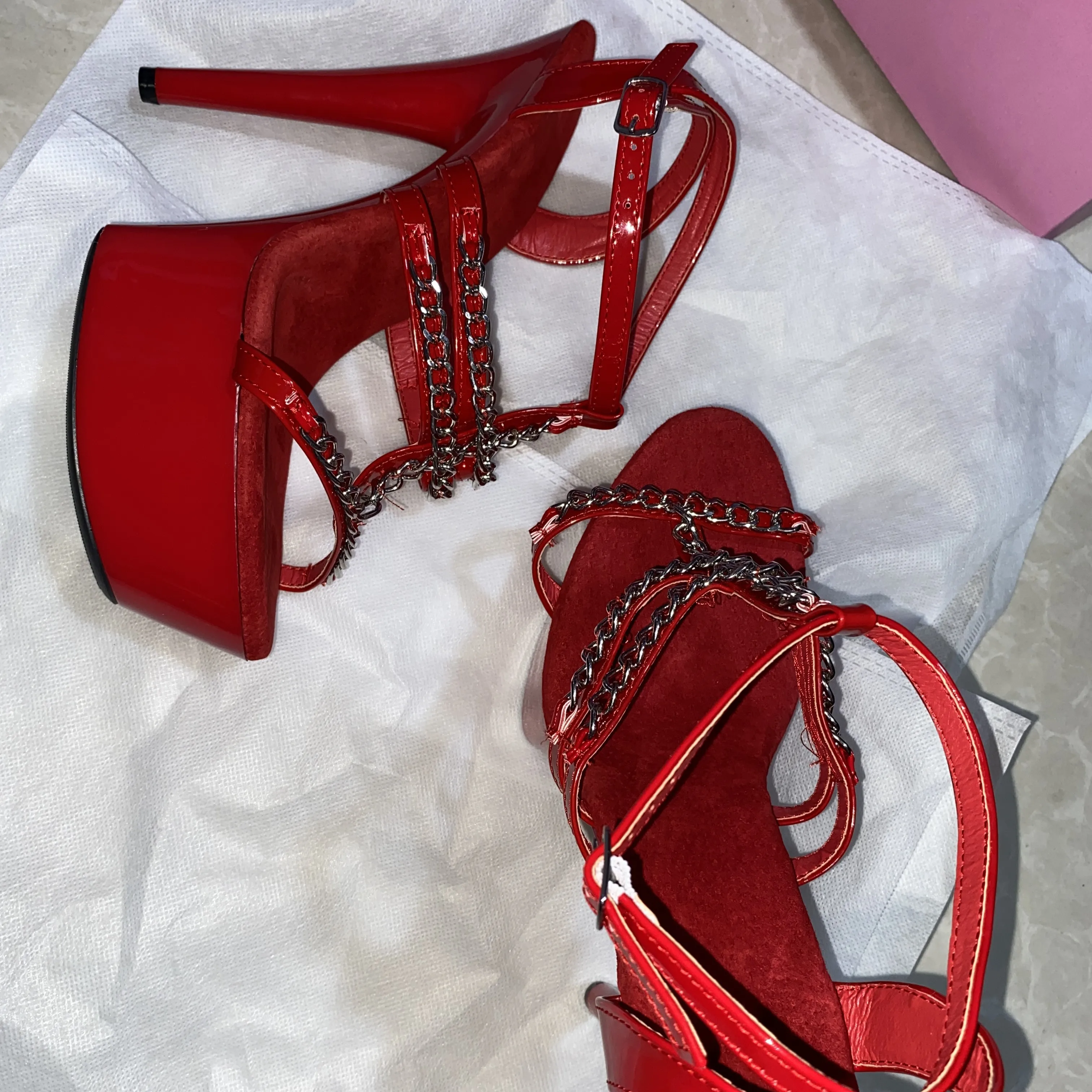 

Shoes at a clearance 15 cm high heels completely transparent glass slipper Stage shows ribbons female dance shoes