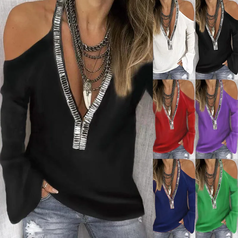 

Autumn and Winter New Women's T-shirt Explosion Solid Color V-neck Sequins Long-sleeved
