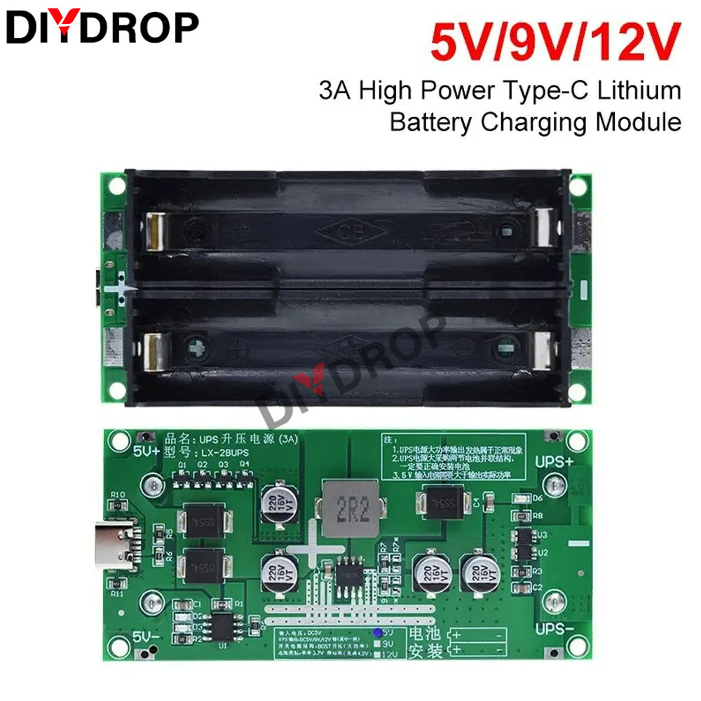 Type-C 15W 3A Fast Charge UPS Power Supply / 18650 Lithium Battery Charger Test Module DC-DC Step Up Booster Converter 5V 9V 12V