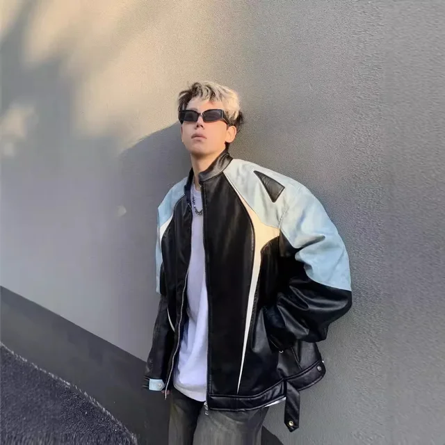 Autumn/Winter Vintage Color Blocking American Style Leather Jacket For Men Loose-Fit Casual Motorcycle Jacket Couple Top