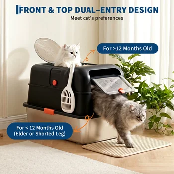 Dog Proof Litter Box Large Stainless Steel Cat Litter Box with Lid, XL Enclosed Metal Litter Pan, Front Entry Top Exit, High-Sided Anti-Leak, Includes Scoop for Big Cats & Multi-Cat Home 1