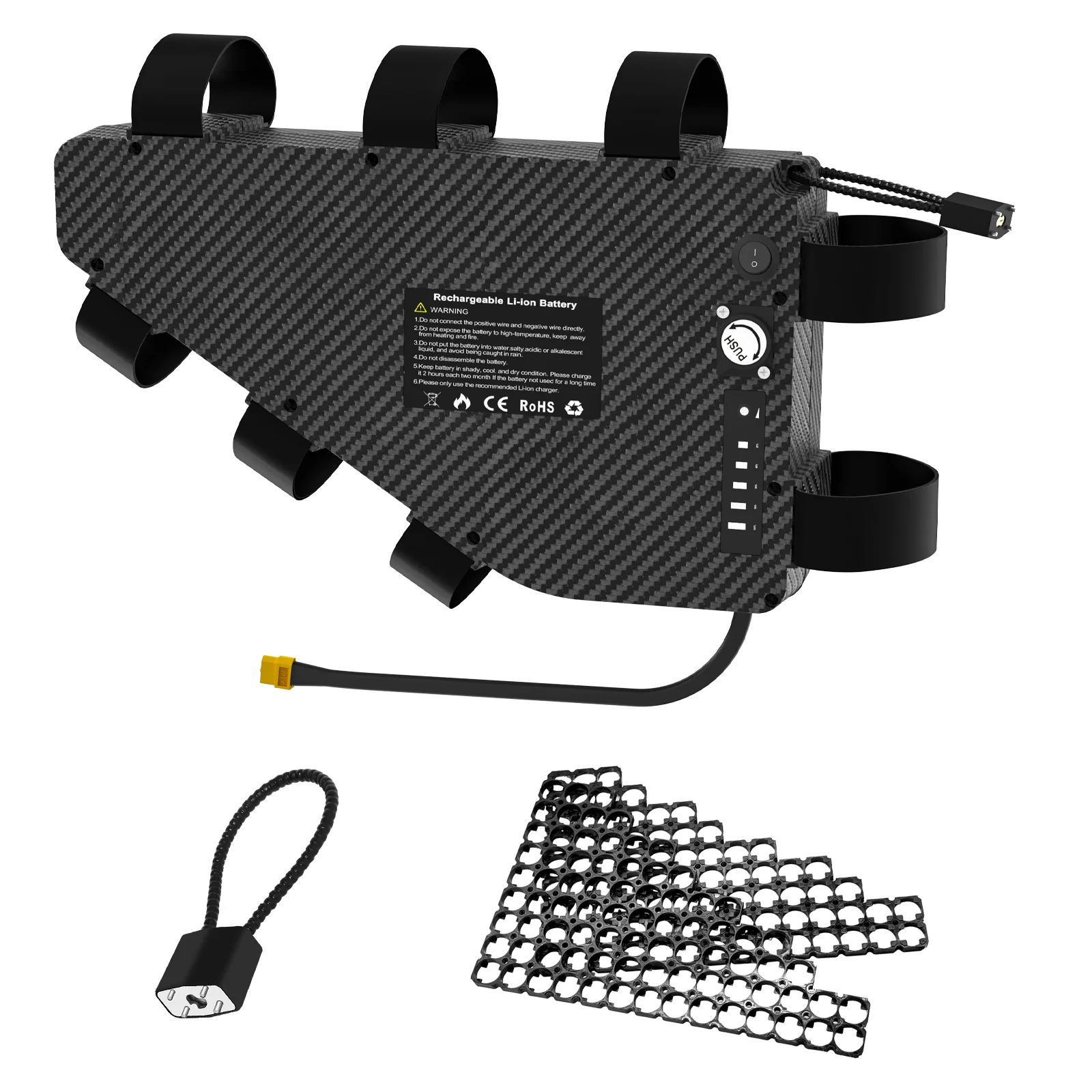DIY triangle ebike battery case empty enclosure fitting 80 pcs 21700 cells  Internal 21700 cell bracket matrix inside black triangle ebike battery box