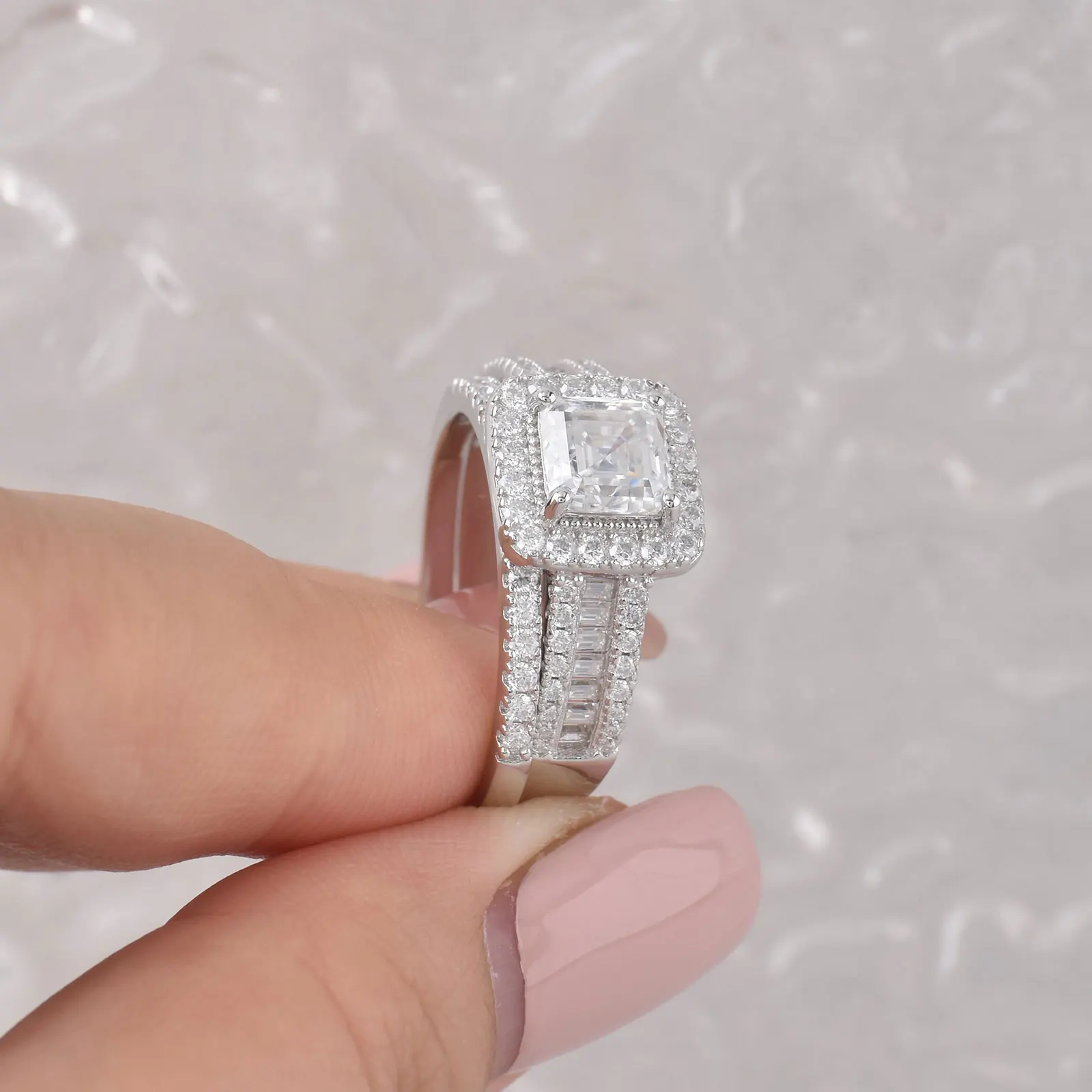 Ensemble de bagues pour femme Newshe en moissanite certifiée GRA, taille émeraude Asscher 6,5 mm, 2 pièces, argent 925, bagues de mariage