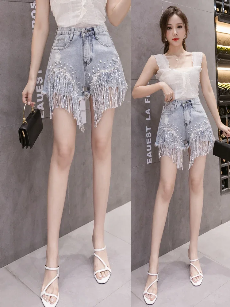 Fashion Denim Shorts Women's 2024 Summer New High Waist Loose Slimming Diamond-Embedded Wide-Leg Trendy Feminine Denim Hot Pants