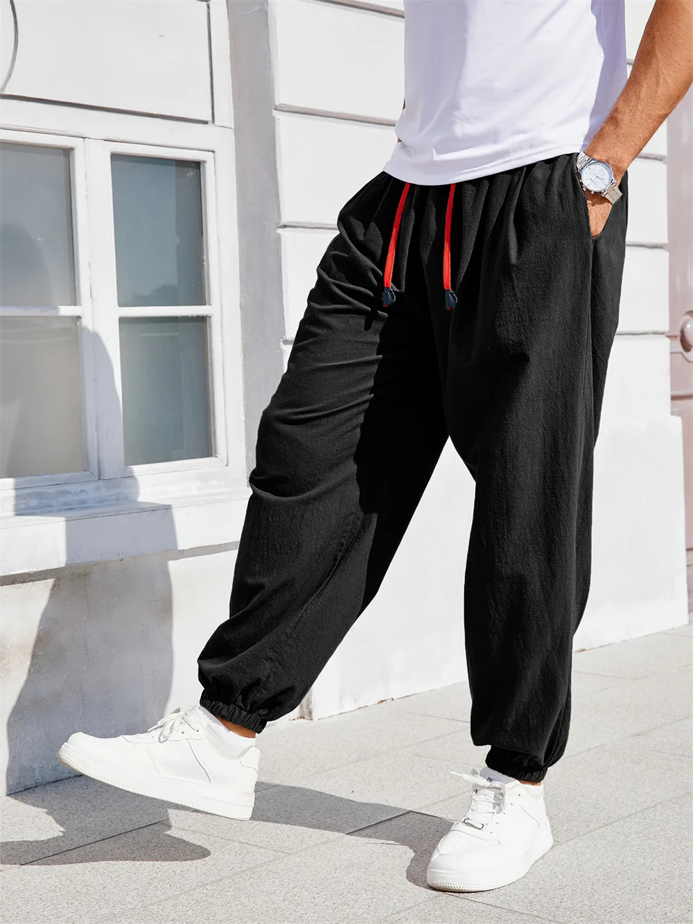 Herren Baumwoll-Leinen Haremshose Lässige Trendige Bequeme Atmungsaktive Hose Locker Sitzende Einfarbige Jogginghose Lange Herrenhose – Detail 14