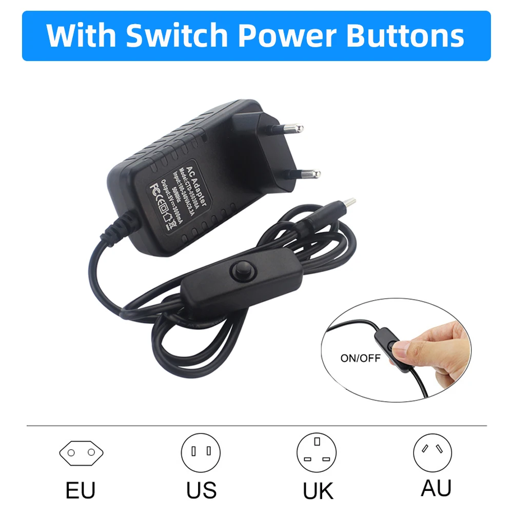Universal Raspberry Pi Power Supply 5V 3A with USB Type C and Interchangeable Plugs