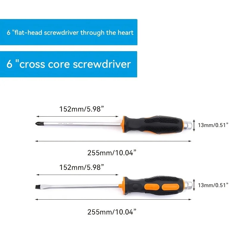 6/8-Inch Non Slip Hammer Type Magnetic Screwdriver Tool Set with Soft Handle Flat Head Screwdriver, suitable for Home Repair