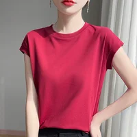 100% Mercerized Cotton O-neck T-shirt Summer Solid Color Sleeve Top Casual And Comfortable Short-sleeved Women's Clothes - Image 3