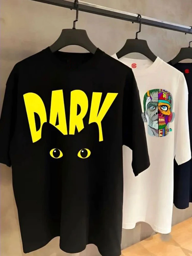 

Oversize Men Women 260g 100% Cotton Tshirts Dark Cat Printed T Shirt Casual High Quality Shirts O-neck Fashion Short Sleeve Tees