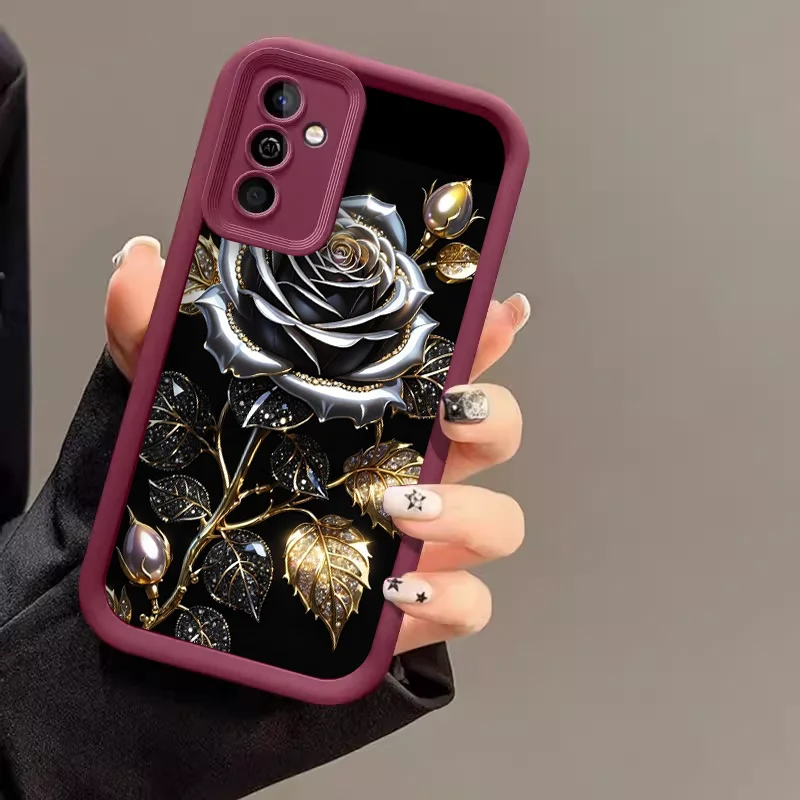 Elegant Black Gold Rose Flower Silicone Phone Case - Soft Cover Skin