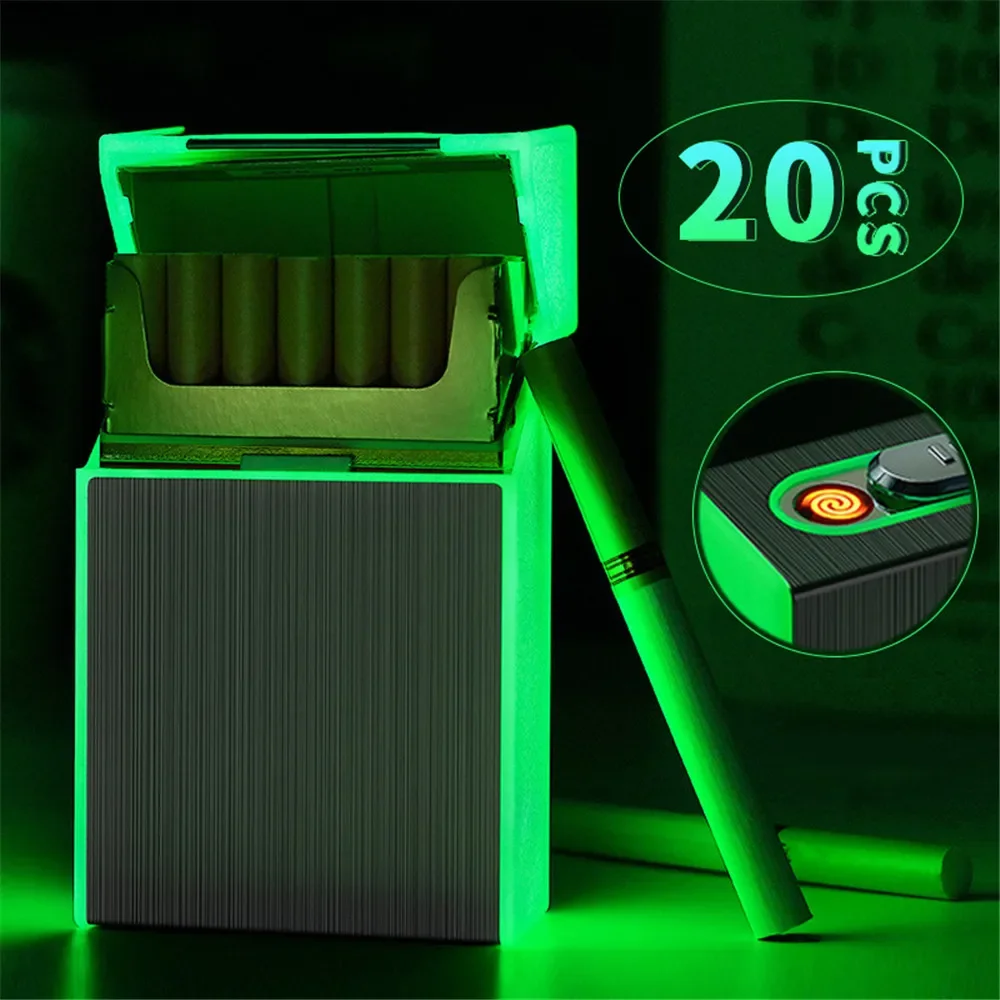 

Luminous Cigarette Case With Lighter Glow In The Dark Rechargeable Tobacco Box Hold 20 Cigarette Storage Box Smoking Accessories