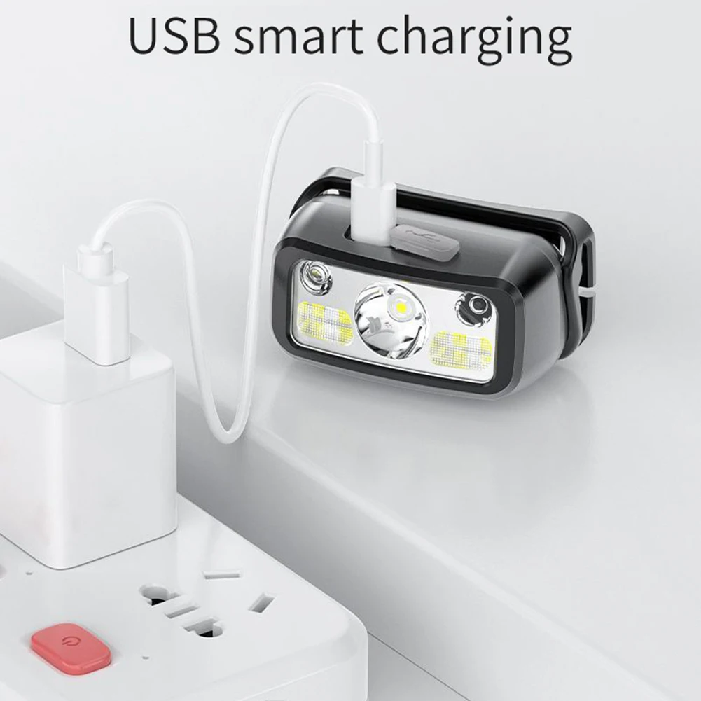모션 센서 LED 헤드 토치, IPX4 방수 다기능 헤드 손전등, USB 충전 듀얼 광원, 야외 캠핑용