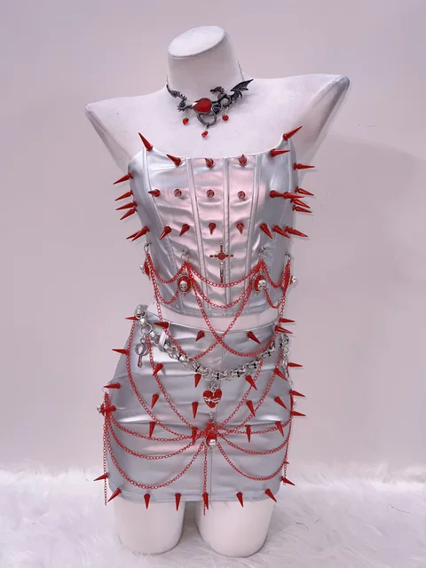 Red Spikey Silver Top and Skirt Set 2