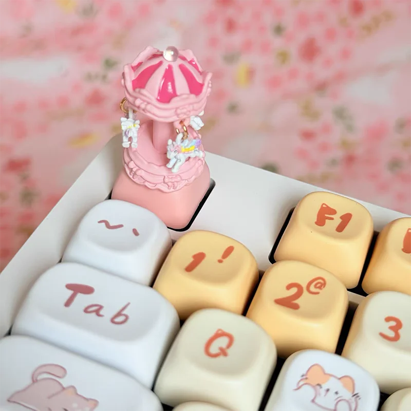 Creative Pink Carousel Custom Keycaps - Cute and Delicate Keyboard Decorations