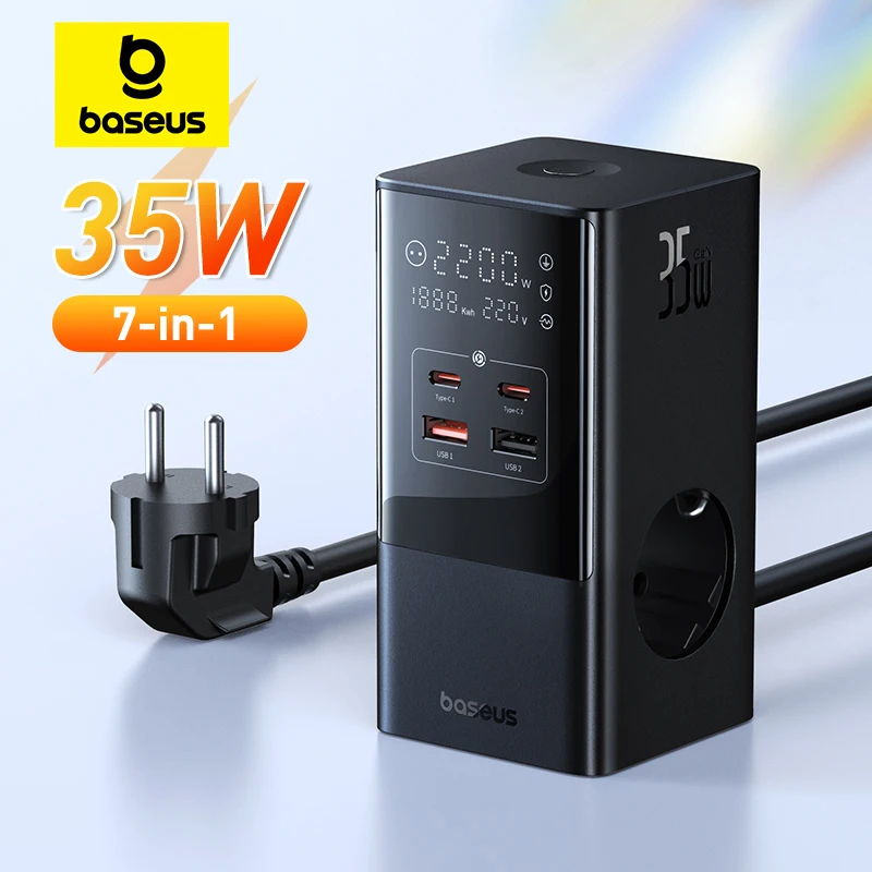 Baseus 35W Fast Charging Digital Power Strip 7-in-1 Charging Station 4000W Rated Power Digital Display For iPhone 15 14 Pro Max