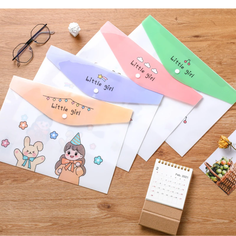 12Pcs/set Of A4 Cartoon Cute File Folders Snap Bags Pink Dinasour Pattern Documents Pockets For Girls Boys School Supplies