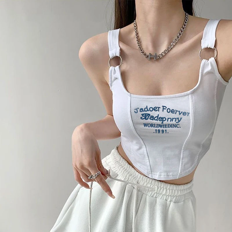 Letter Print Short Tank Tops Y2k Tops Women's Irregular Crop Top Buckle Vest Boob Tube Top Female Embroidery Suspenders With Bra