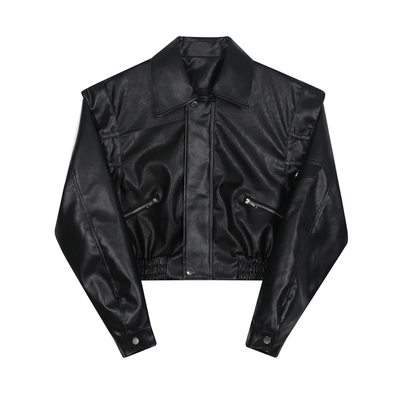 Fashion Men Motorcycle Leather Jacket Lapel Long Sleeve Zipper Solid Casual Coat Streetwear Korean Stylish Crop Jackets