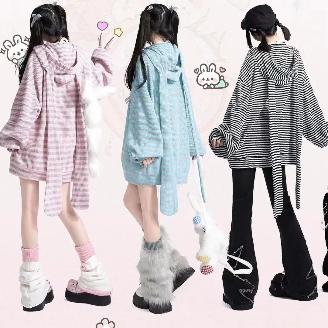 

2023 Loose Stripe Rabbit Ear Knitted Hoodies Women Hooded Zip up Sweatshirts Y2k Autumn Cute Cardigan Coat Kpop Kawaii Clothes