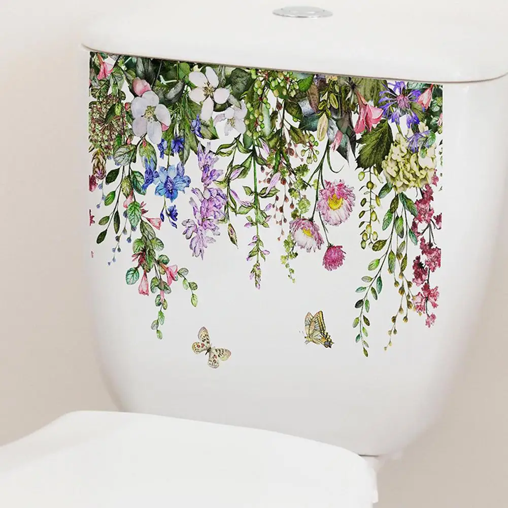 Toilet Stickers Green Plants Flower Leaves Butterfly Wall Sticker Bathroom Floral Self Adhesive PVC Mural Home Decoration Decals