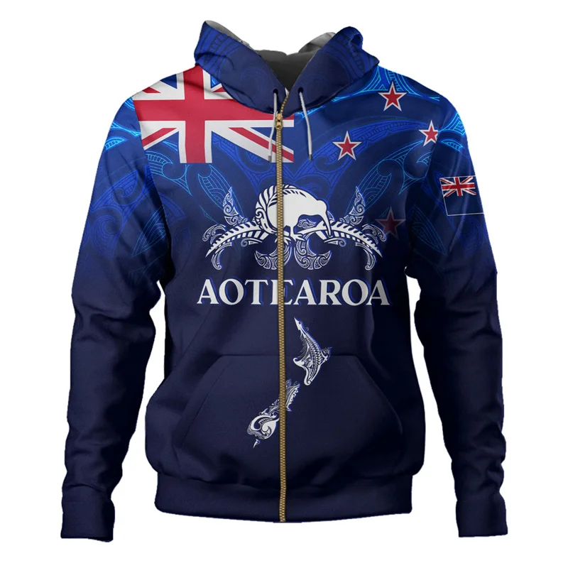 thumbnail image 1 of Sudadera con capucha con estampado 3D del emblema de la bandera de Aotearoa de Nueva Zelanda para hombre, ropa para el Día de Anzac, sudadera con capucha maorí con cremallera, abrigo de calle con crem, 1 of 4