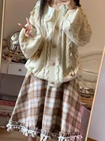 Adorable Plaid  Skirt with Faux Fur Balls in Brown Woolen Material Slimming Mid-Length for Young Girls Autumn Winter Sle - Image 4