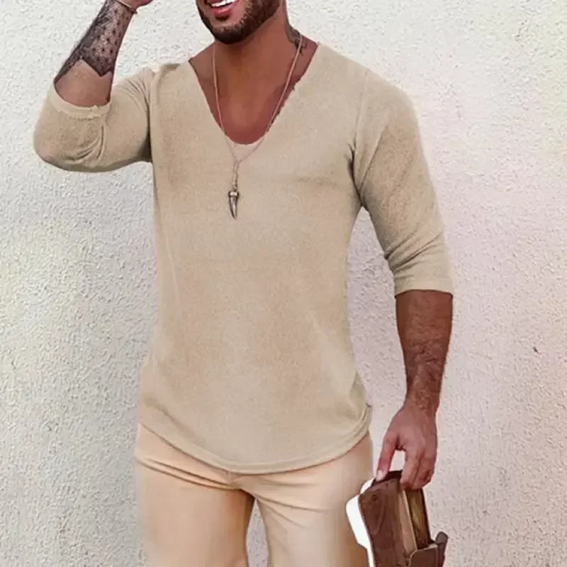 

2024 Men's Solid V Neck Long Sleeve Kniited Pullovers Spring Summer Thin Style Slim Sweaters Casual Mens Clothing Knitting Tops