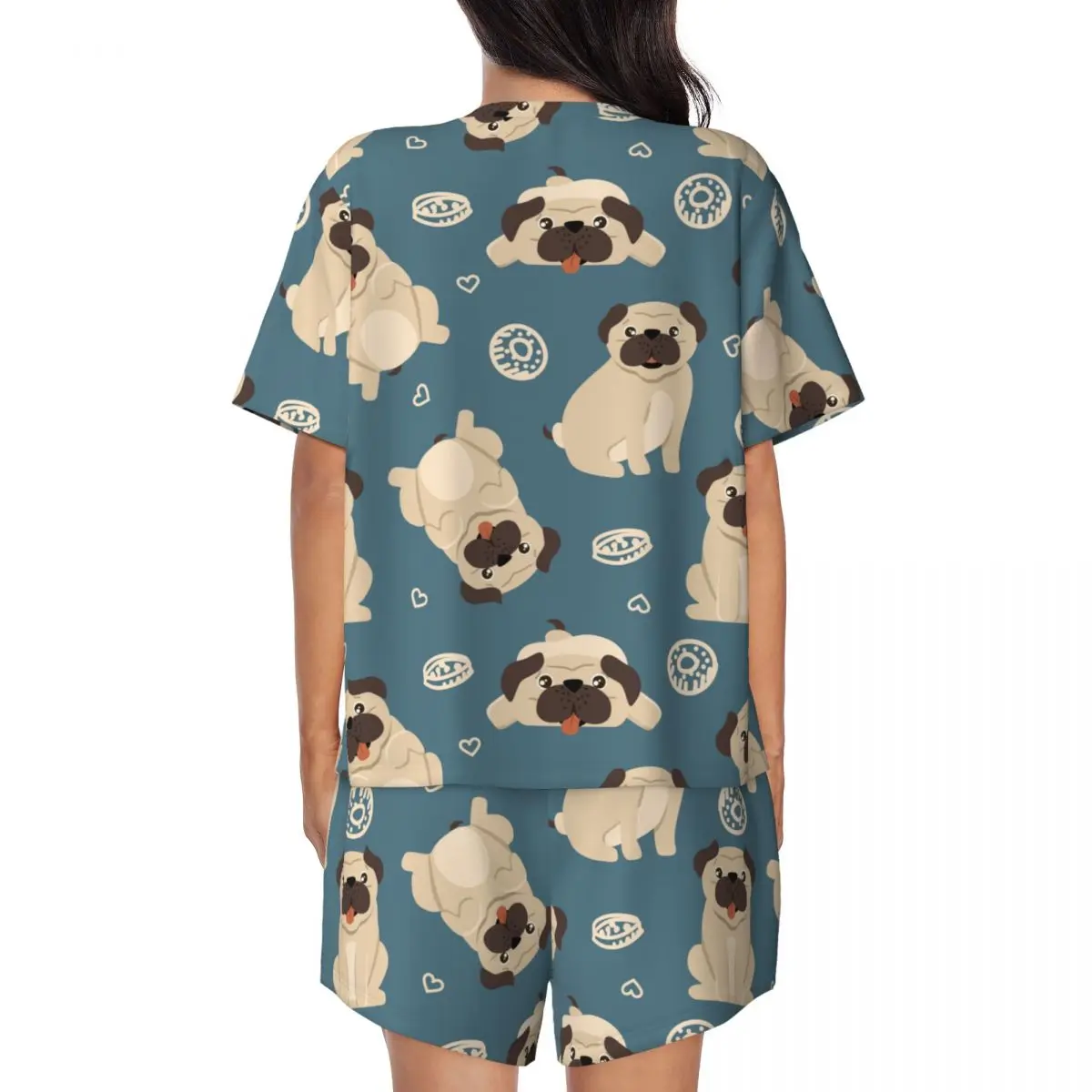 Two piece women's pajama round neck short sleeved T-shirt Funny Pug casual home pajama set