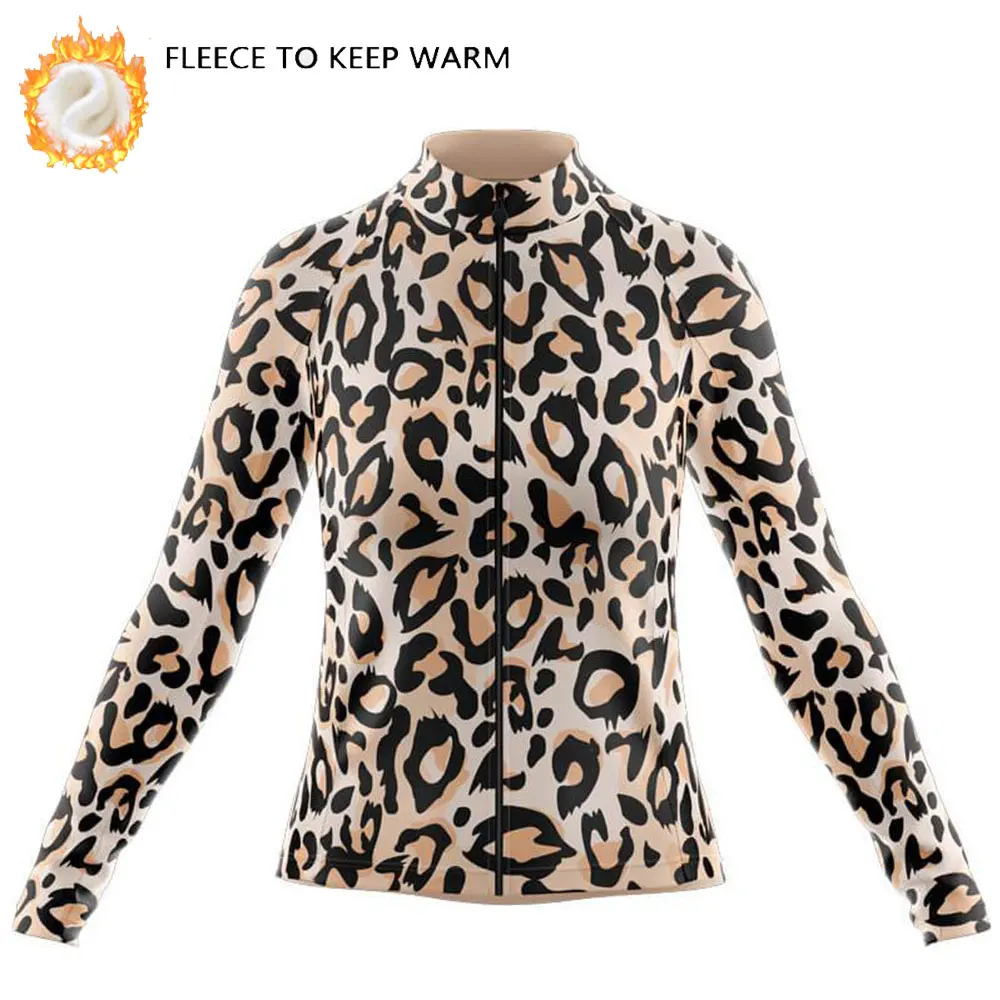 Woman's Winter Cycling Jersey Winter Outdoor Road Bike Riding Warm Cycling Tops Leopard Print Fashion Long Sleeve Sportwear