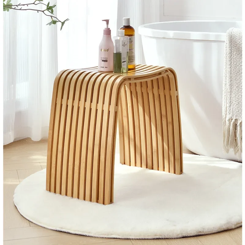 

Makeup Chair Modern And Simple Bathroom Chair Natural Bamboo Step Stool Multifunctional Hallway Ottoman Strong And Stable