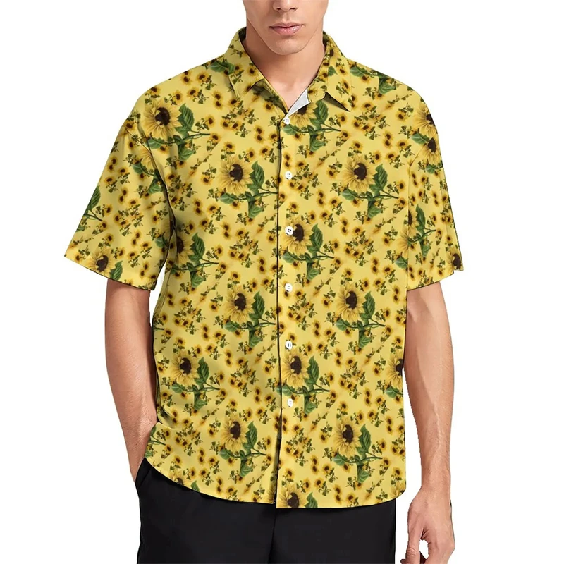 3D Printed Sunflower Plant Blouses Purple Flower Graphic Beach Shirts For Men Clothes Vacation Y2k Short Sleeve Boy Button Tops 3