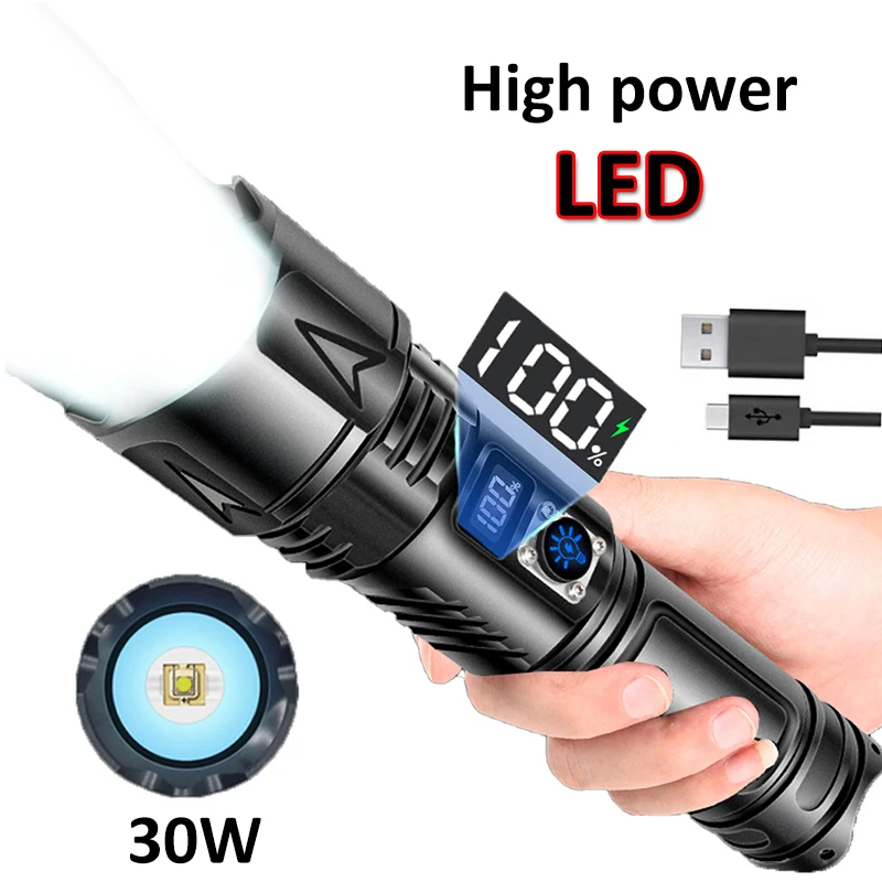 

Powerful 30W LED Flashlight USB Rechargeable Flashlights Waterproof Zoom Torch Long Range Tactical Flashlight No Battery