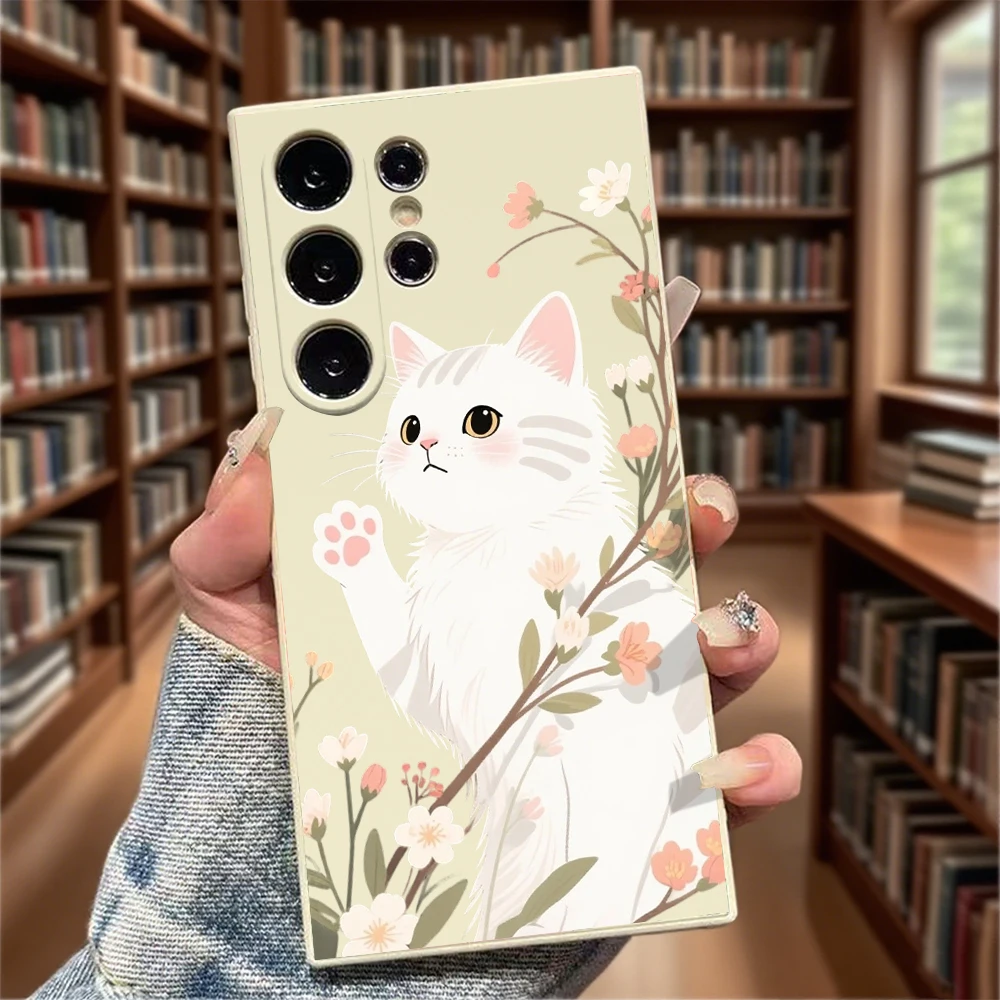 Floral White Cat Soft TPU Phone Case - Enhanced Protection Cover