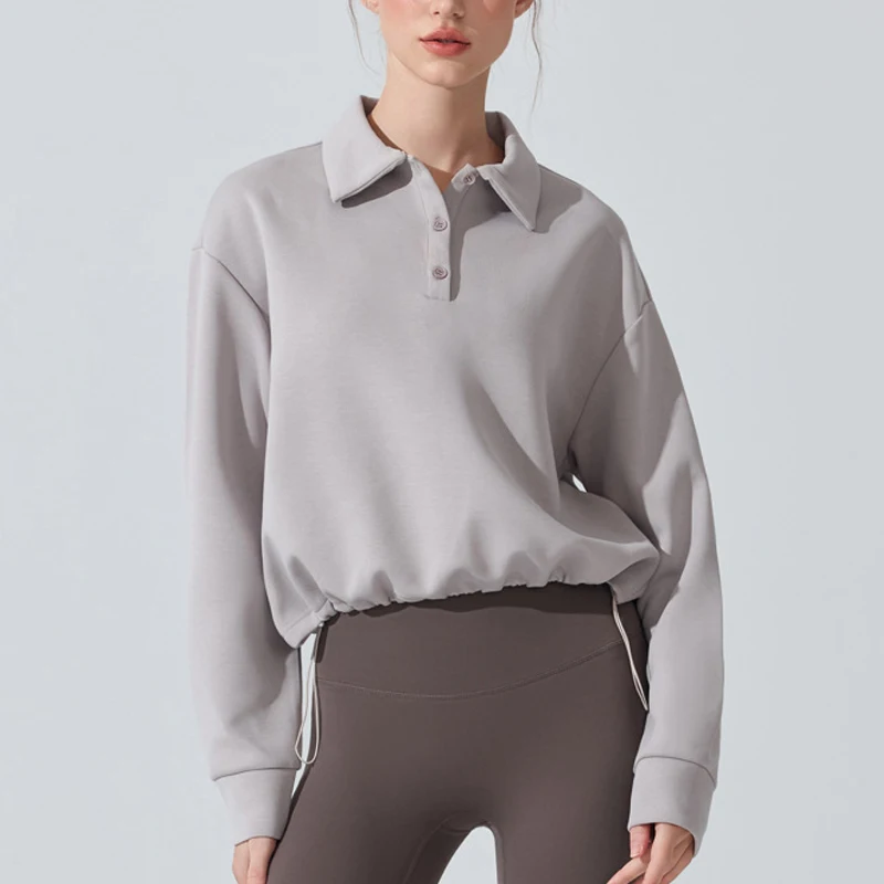 여성 야외 러닝 스웨트셔츠 단색 루즈핏 긴팔 짐 탑 조절 가능한 밑단 운동복 여..