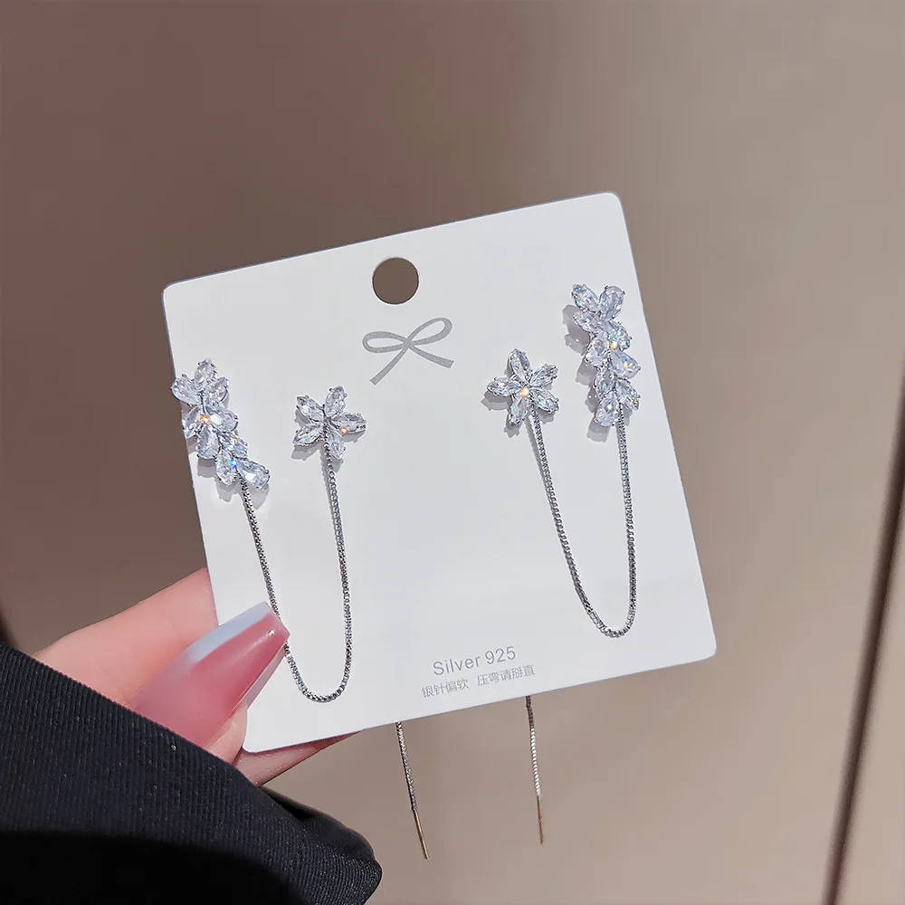 Ear Clip Earrings Clip Earrings Ear Clip Ear Accessories JWER Korea Silver Color Crystal Flower Clip Earrings For Women Simple Fake Cartilage Long Tassel Ear Cuff Jewelry Gifts